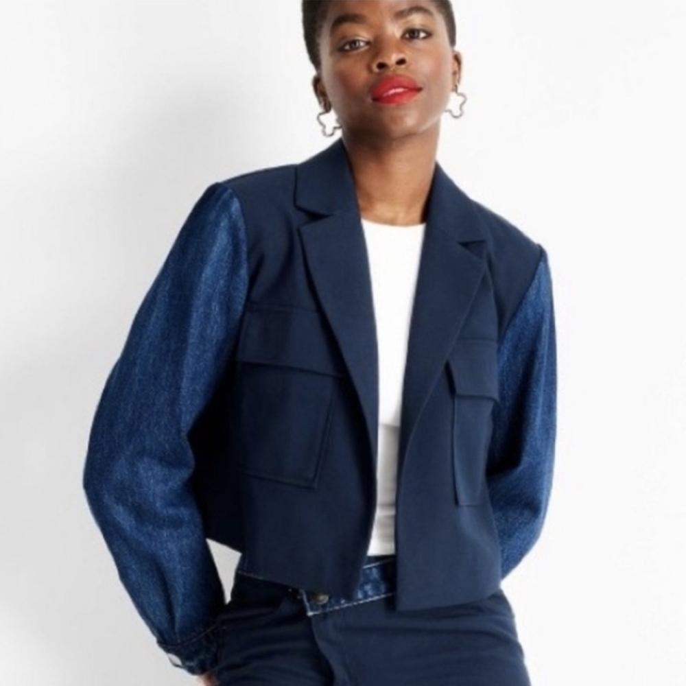 NWT Women's Contrasting Denim Cropped Blazer - Future Collective Navy Blue Med